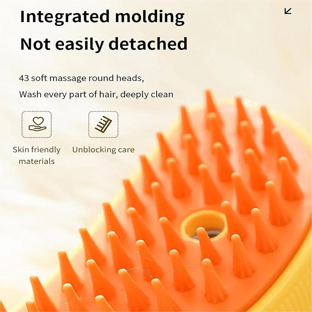 3-in-1 rechargeable cat steam brush with silicone teeth and cat paw-shaped ends for detangling and massage