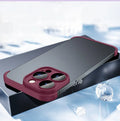 TPU iPhone case with glass lens film and corner pad in black, blue, dark purple or red.