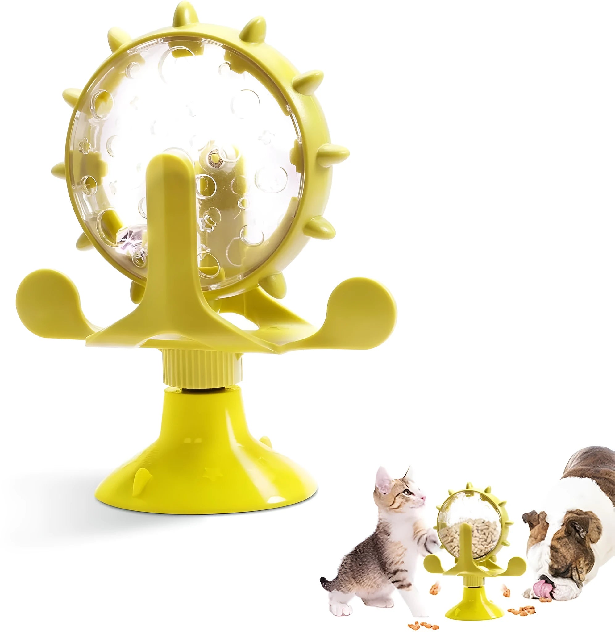 Interactive spinner puzzle toy for cats and dogs with food dispenser holes and sucker base