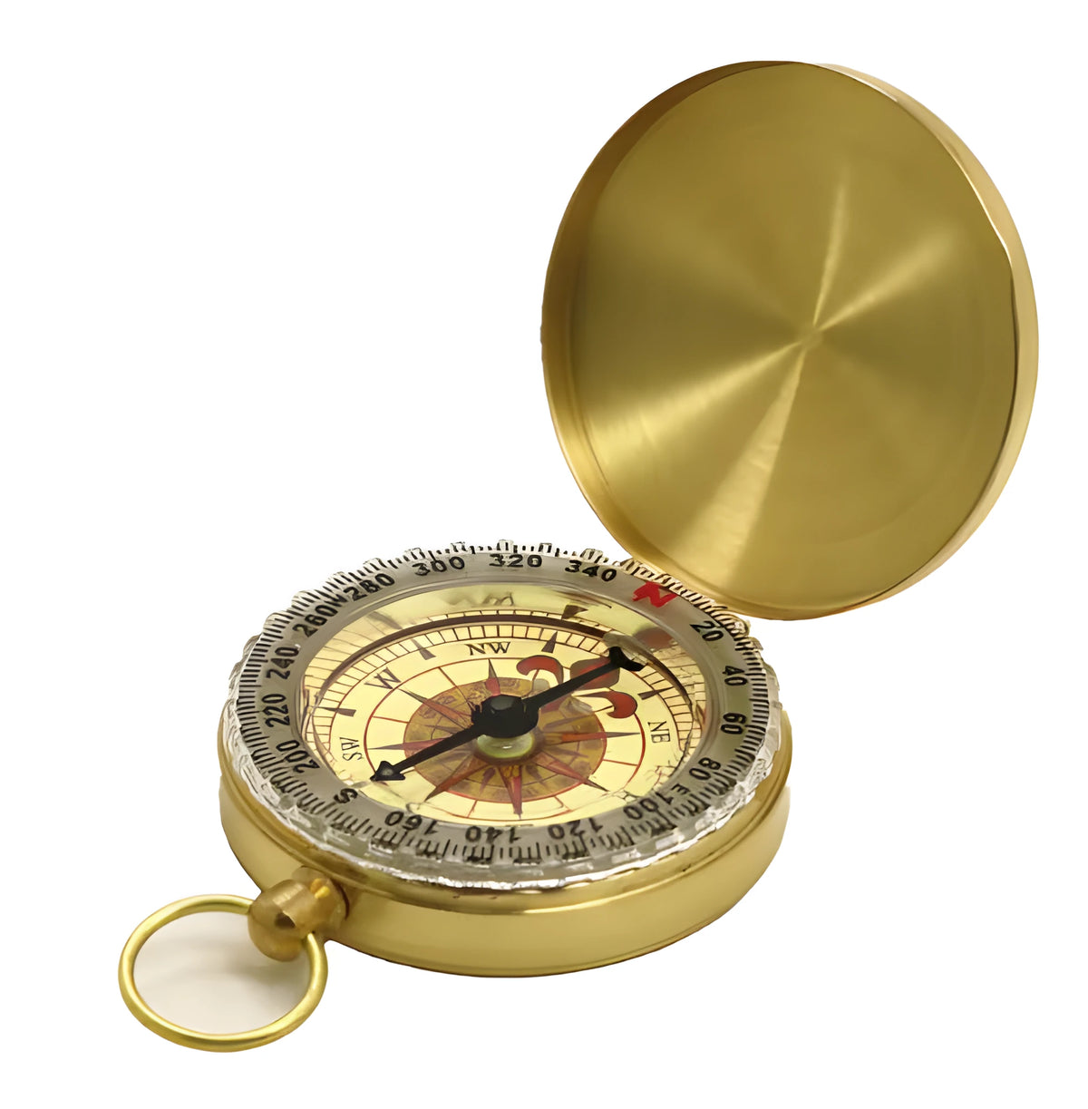 Metal flip compass with gold colour finish and copper tone, pocket watch style with flip cover for outdoor navigation.