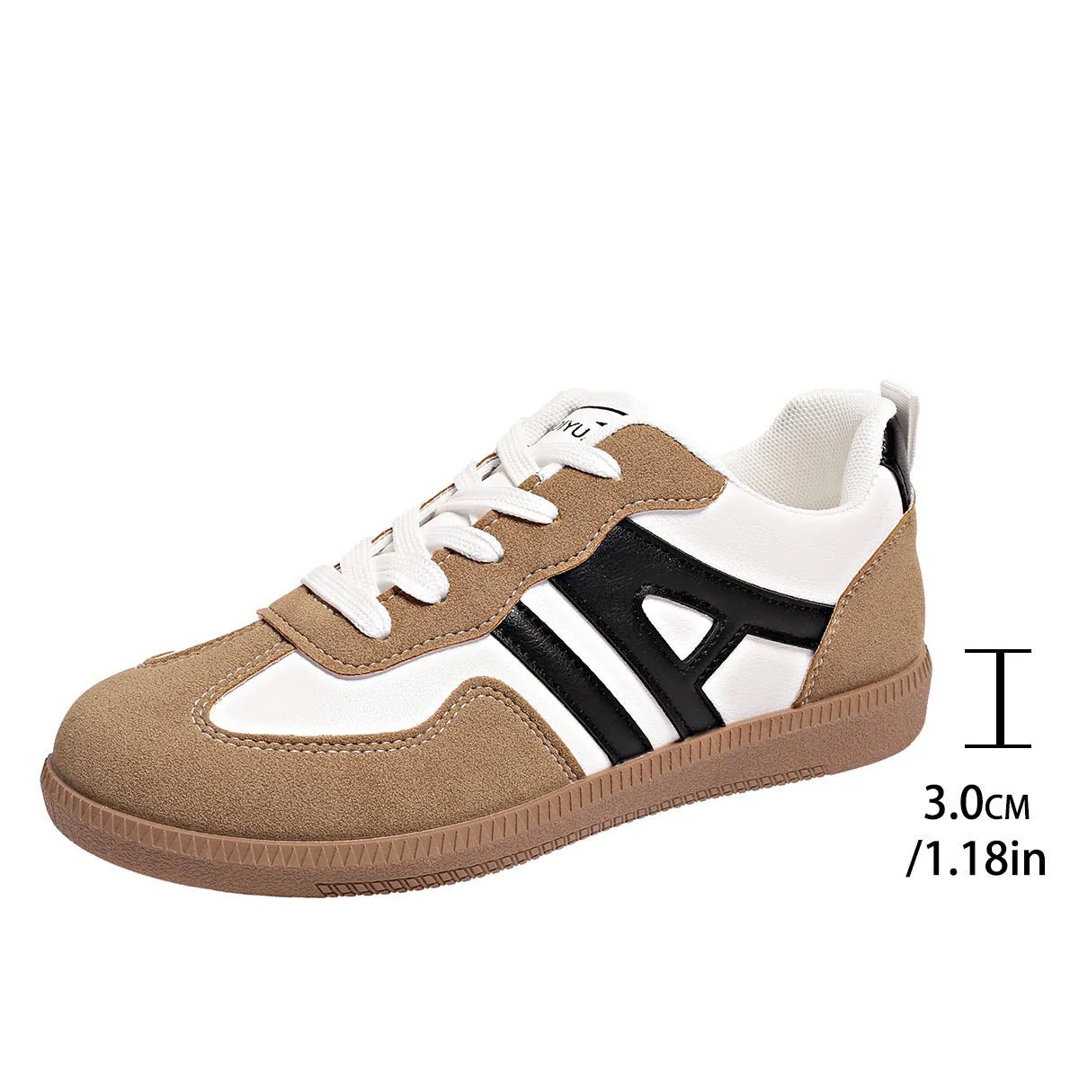 Women's retro colour-block lace-up jogging shoes in grey with a low platform heel and rubber sole.