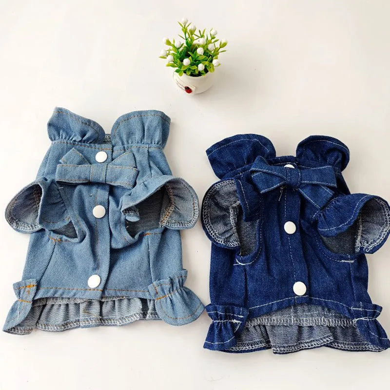 Blue denim dog dress with ruffles and a metal leash hook on the chest, shown on a small dog