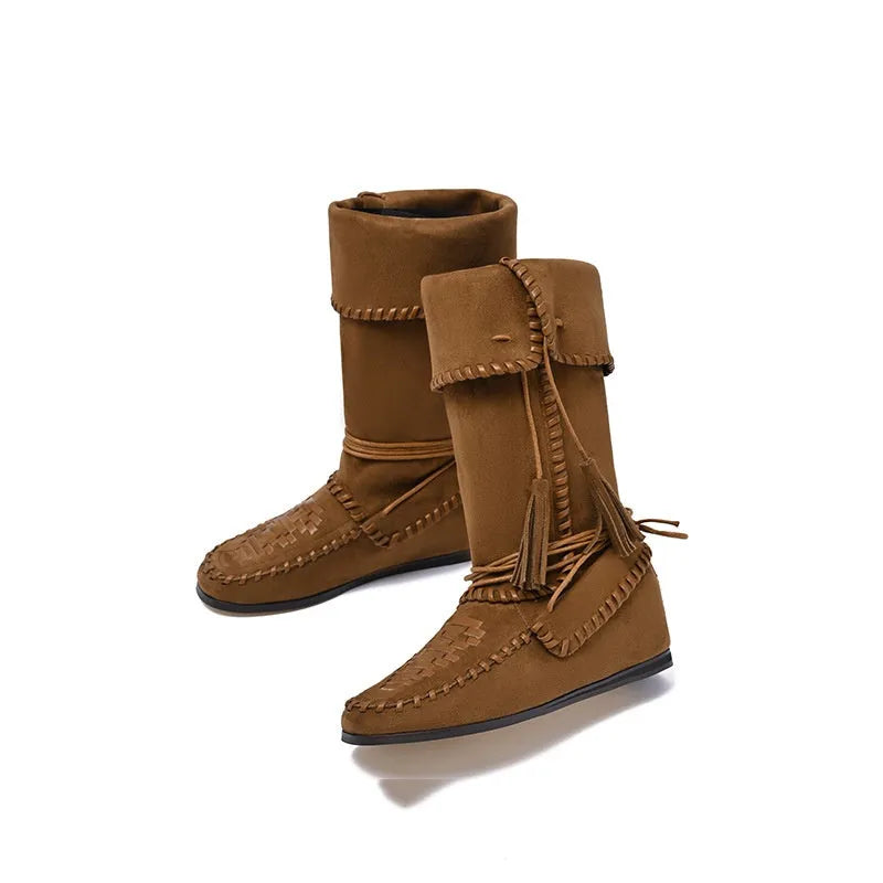 Mid-top square toe western cowboy boot in brown with suede lining and flat heel
