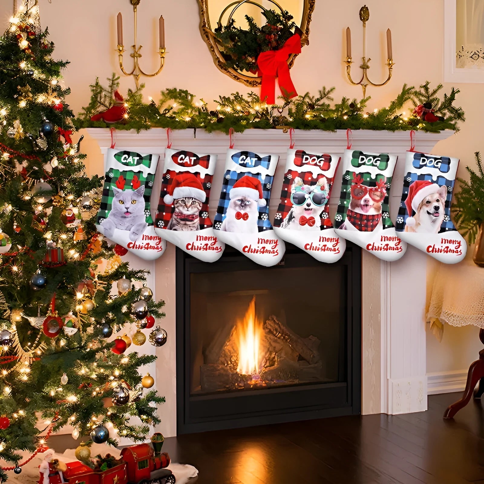 Printed cloth Christmas decoration panel with puppy or cat design on plaid background measuring 26x36cm