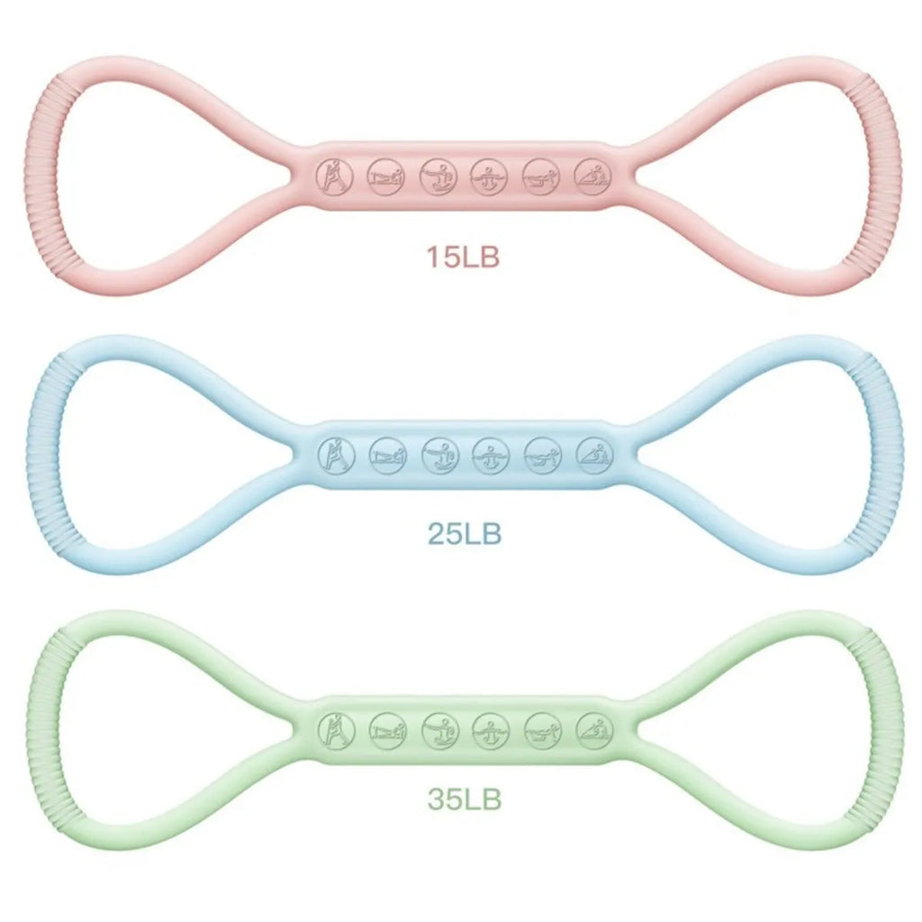 Set of three silicone mini resistance bands in light blue, purple, and pink on a white background