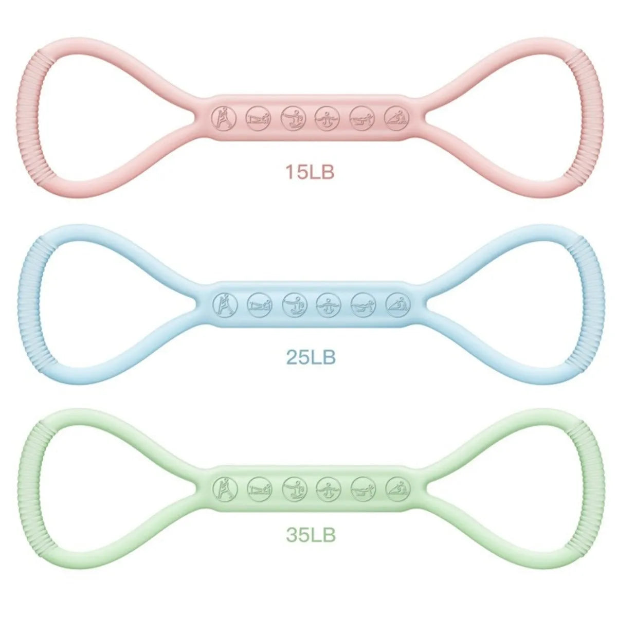 Set of three silicone mini resistance bands in light blue, purple, and pink on a white background