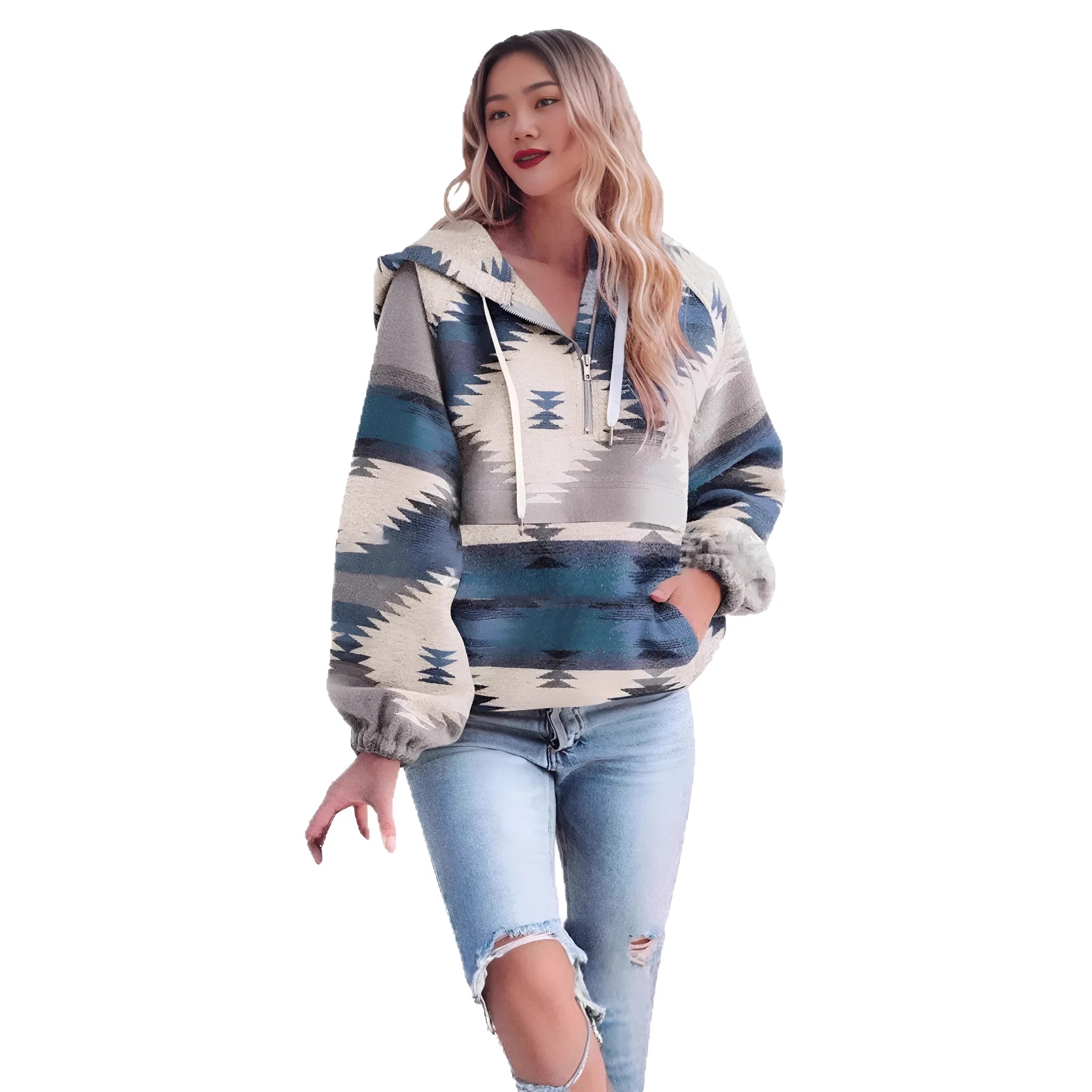 Women's retro fashion half-zip long sleeve sweatshirt with 3D digital print, loose fit pullover in polyester, front view
