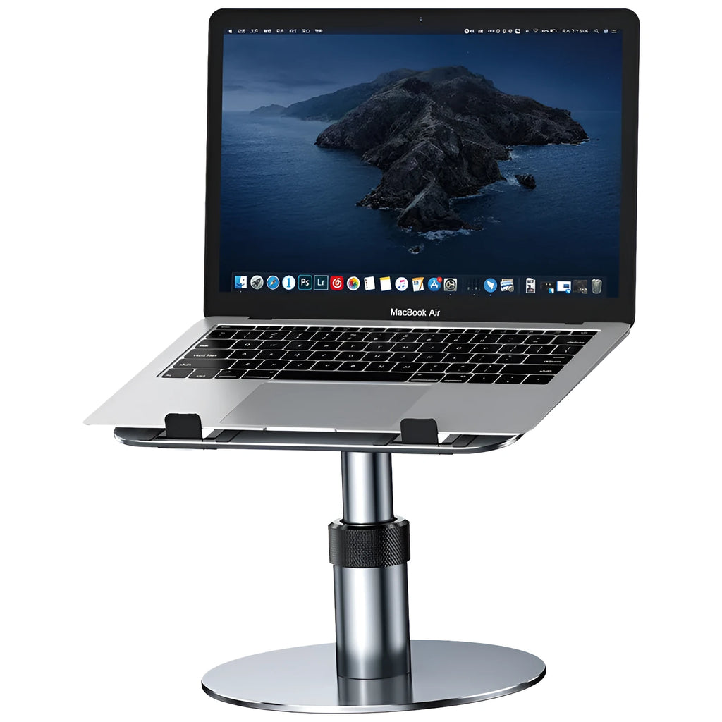 Silver aluminium car laptop stand with height adjustment and rotating base