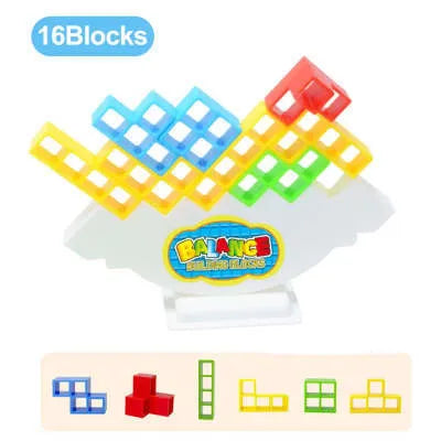 Plastic balance stacking game with 16 colourful building blocks on 26.5cm square chassis