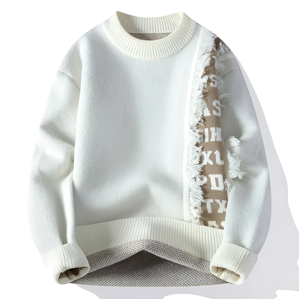 Men's loose-fit knitted pullover sweater with ribbed hem in grey, shown on a hanger.