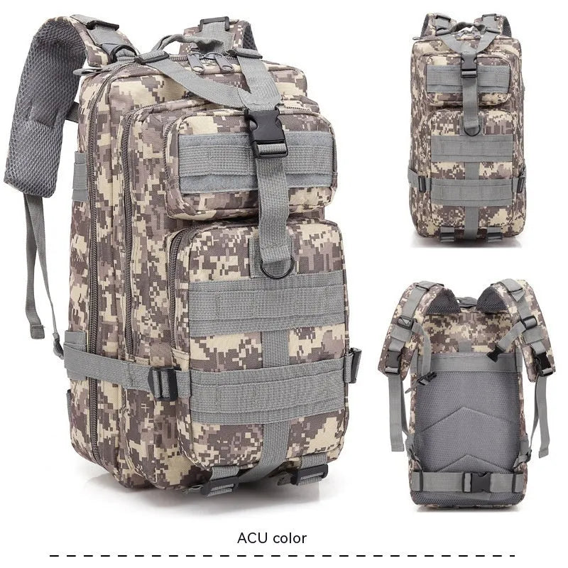 Large khaki coloured off-road hiking backpack with air pillow belt system on a rocky outdoor trail.