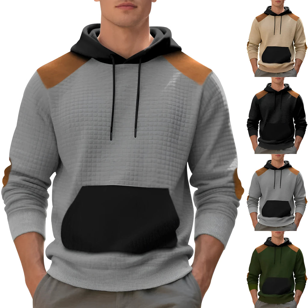 Men's leisure pullover jacquard multicolor hoodie with large pocket, loose fit, available in four colours
