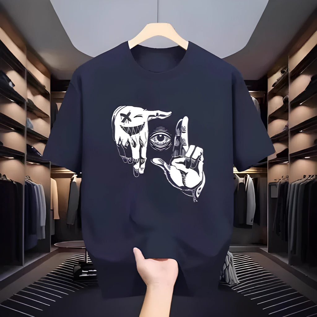 Men's short sleeve mesh T-shirt with cartoon print in various colours showing breathable fabric texture