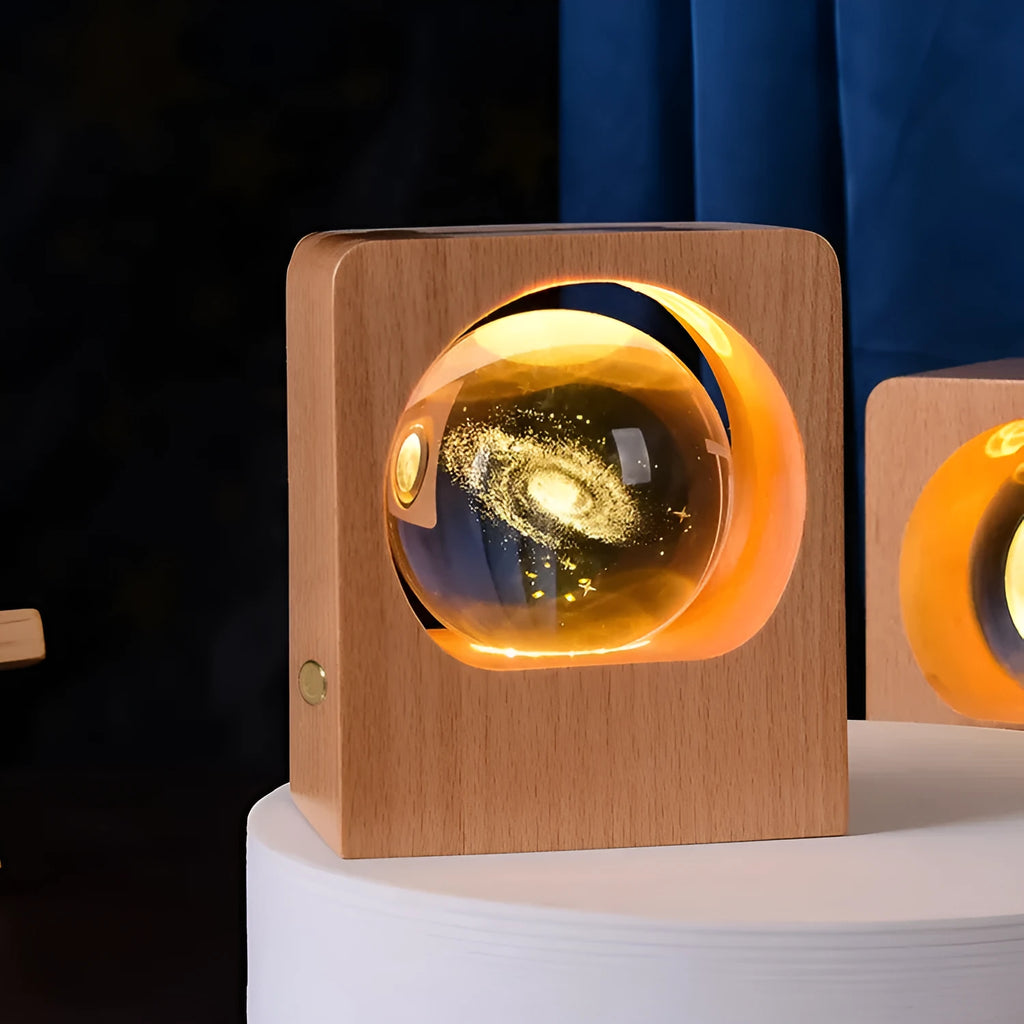 Beech crystal ball night light with 3D laser engraved jellyfish pattern on wooden base, USB dimmable lamp for bedroom