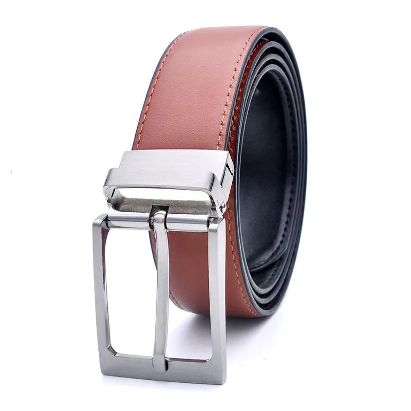 Men's brown black genuine leather belt with rotating alloy pin buckle shown at 120cm length