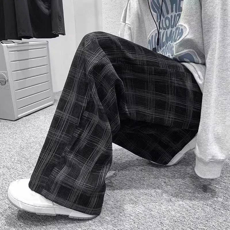 Black and green plaid Japanese retro loose trousers with straight-leg design