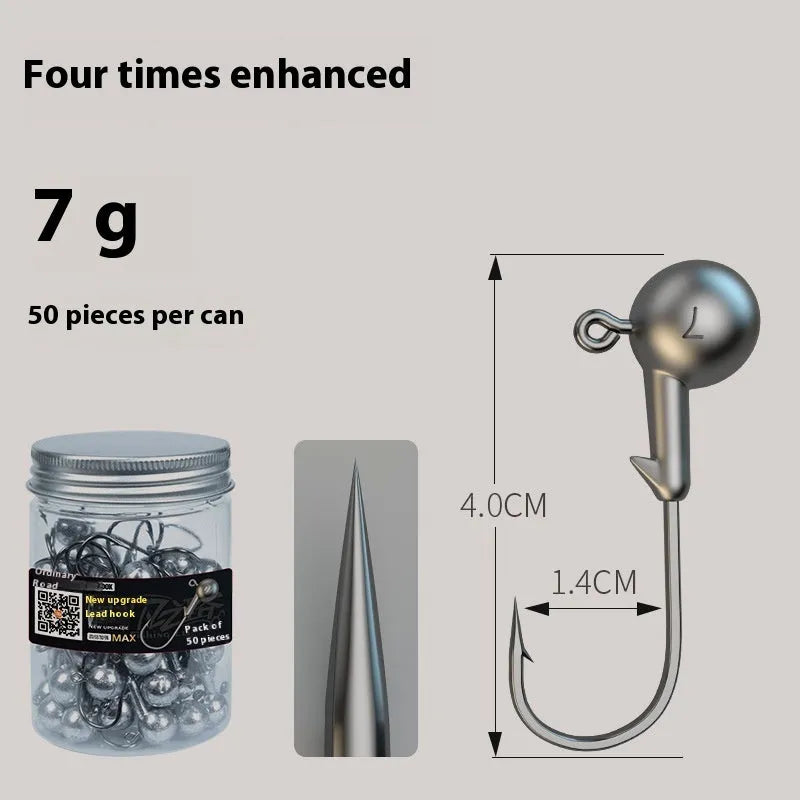 Pack of 50 primary colour, lead-headed steel jig hooks for fishing.