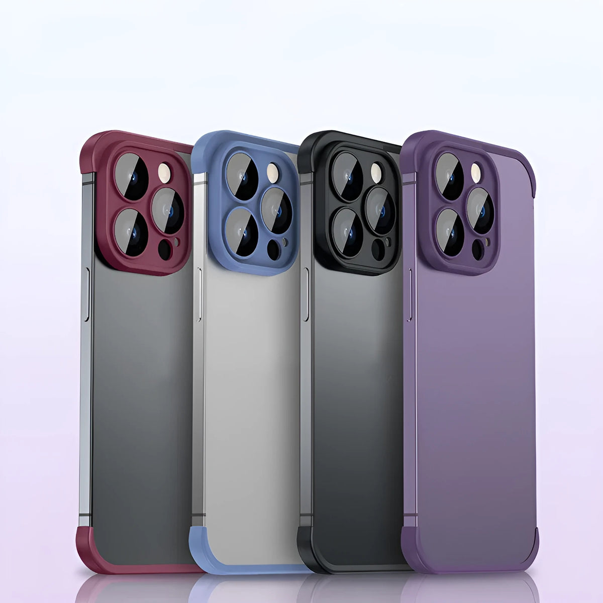 TPU iPhone case with glass lens film and corner pad in black, blue, dark purple or red.