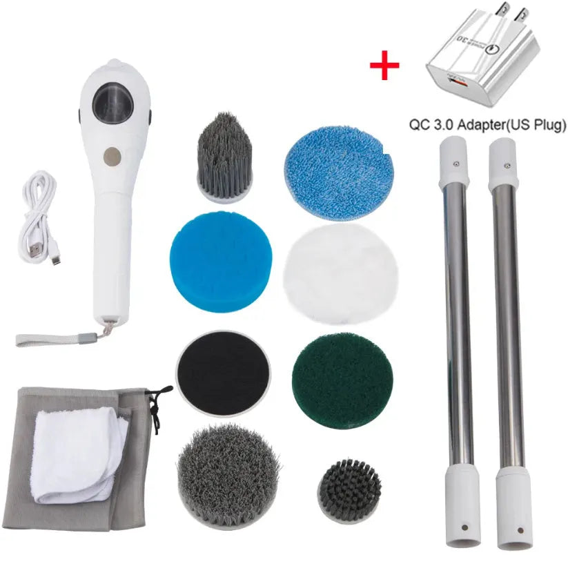 White handheld shower cleaning brush with multiple standard nozzle attachments and USB charging cable