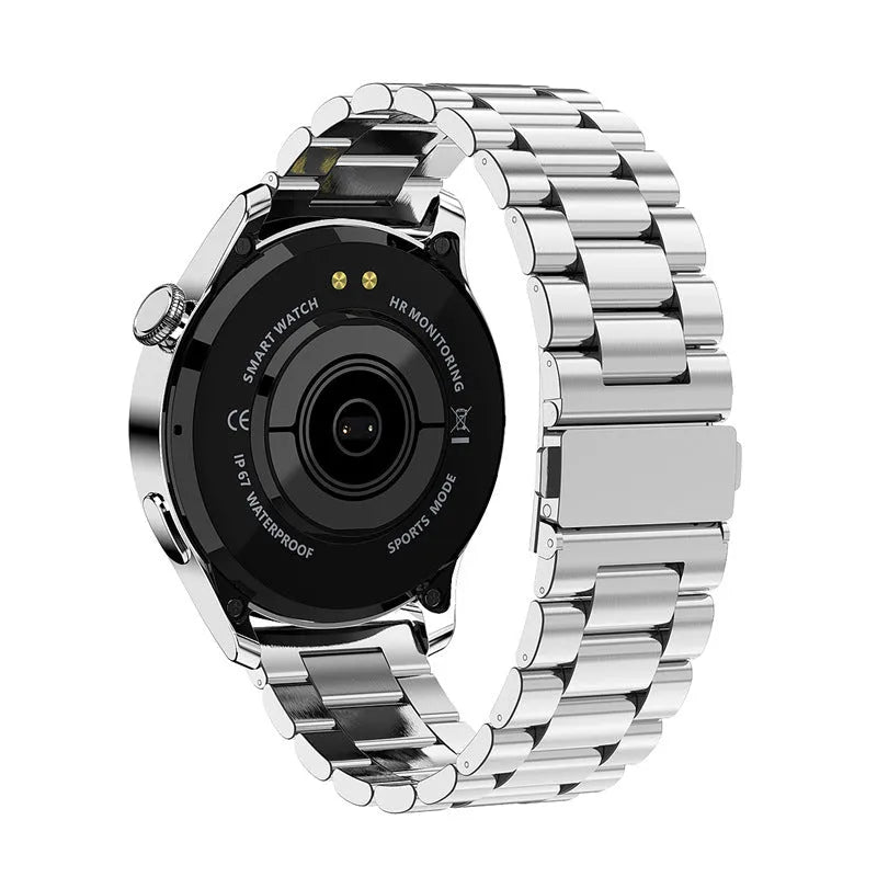 Smartwatch with colour touchscreen showing heart rate data, on a silicone strap.