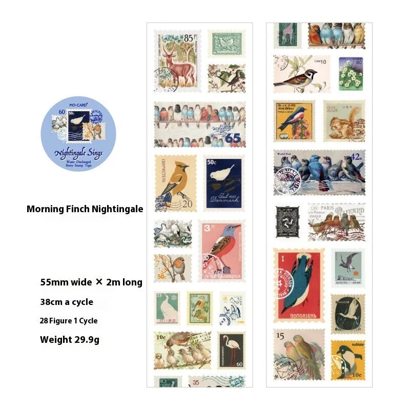 Roll of 55mm wide retro-themed coated paper stamp stickers showing butterfly, forest, bird, and mushroom designs.