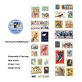 Roll of 55mm wide retro-themed coated paper stamp stickers showing butterfly, forest, bird, and mushroom designs.