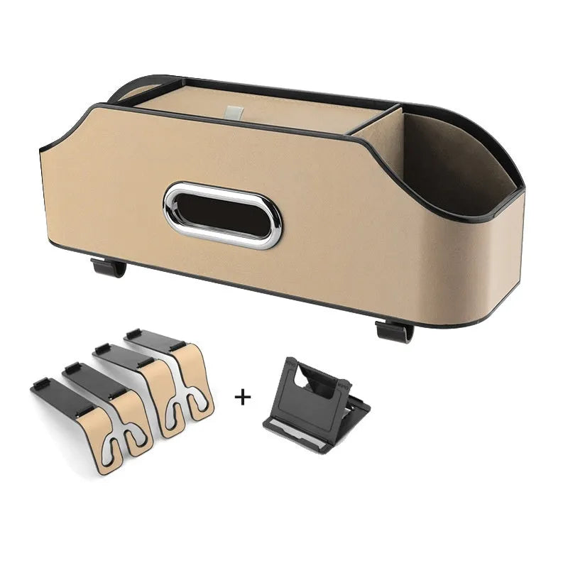 Genuine leather car tissue box for buggy suspension in beige colour showing size and mounting