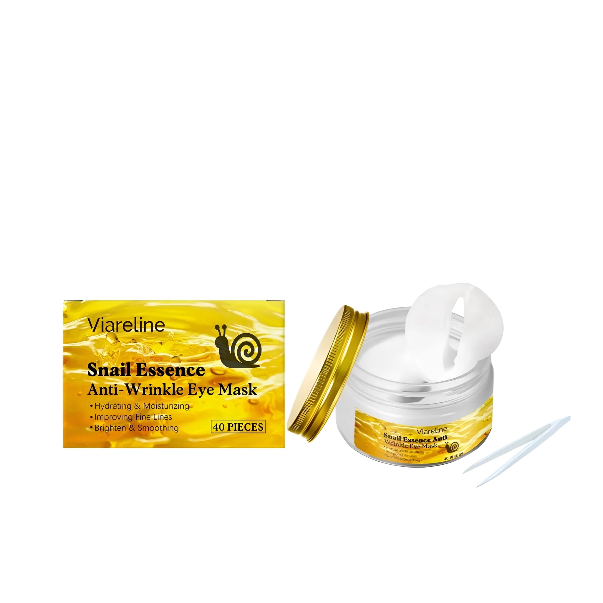 Pack of 40 Snail Light Wrinkle Eye Mask gel patches with a pair of tweezers.