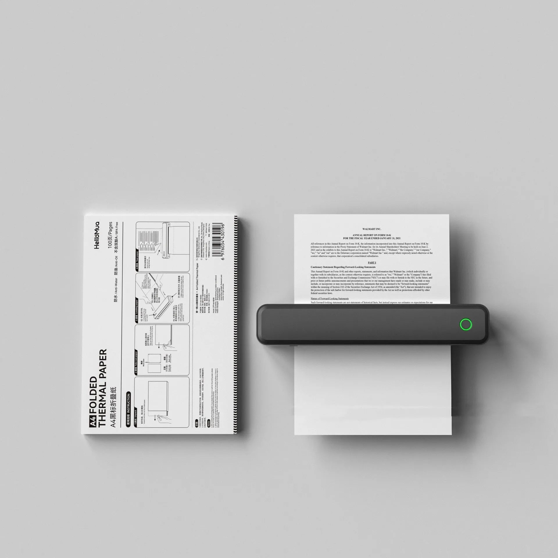 Black or white Bluetooth thermal printer for mobile devices measuring 295mm long