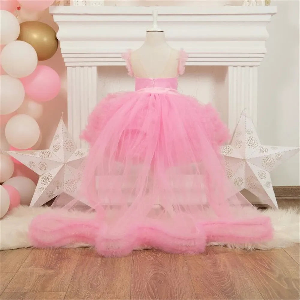 Girls linen princess dress in fairy mori style with small trailing host design, available in four colours and heights 80cm to 160cm.