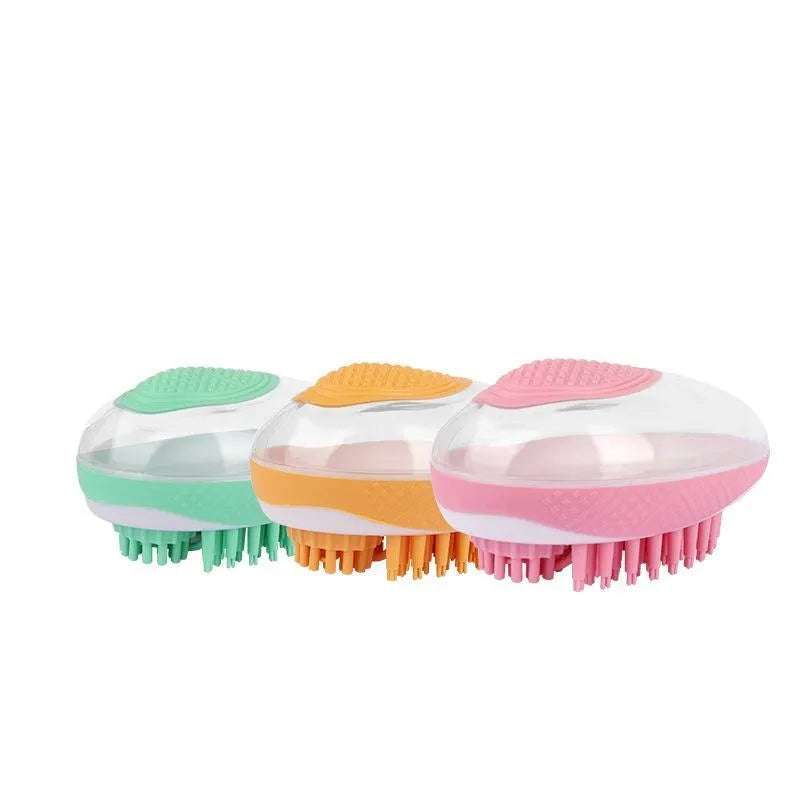 2-in-1 dog cat bath brush with soft silicone bristles and non-slip grip in pink