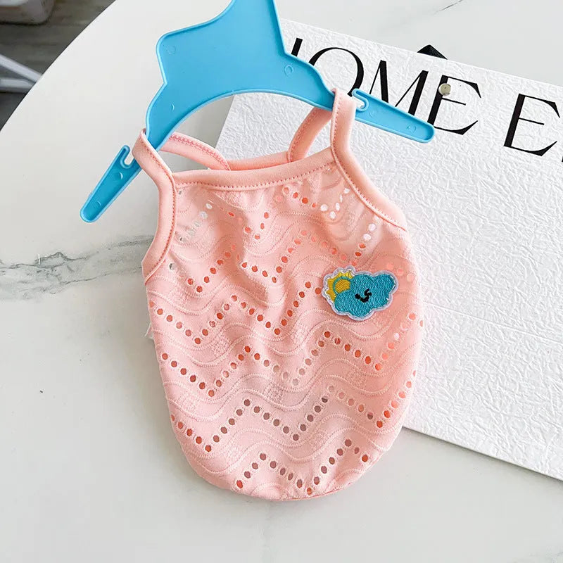 Mesh breathable strap dog cooling vest in blue, pink, green, or yellow colour.