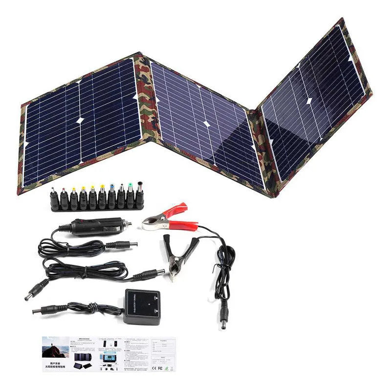 Black foldable 36W solar panel measuring 87cm x 28.5cm with charging accessories