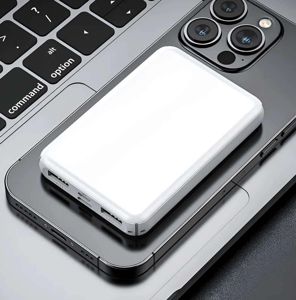 Black and white universal power bank for electric heating vests, showing compact size