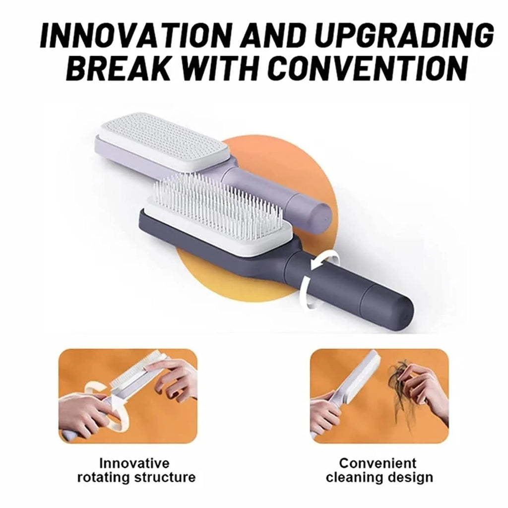 Purple self-cleaning hair brush with rotating handle and massage comb bristles