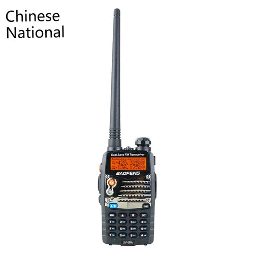 Baofeng UV-5RA handheld dual band two-way radio on a grey background.