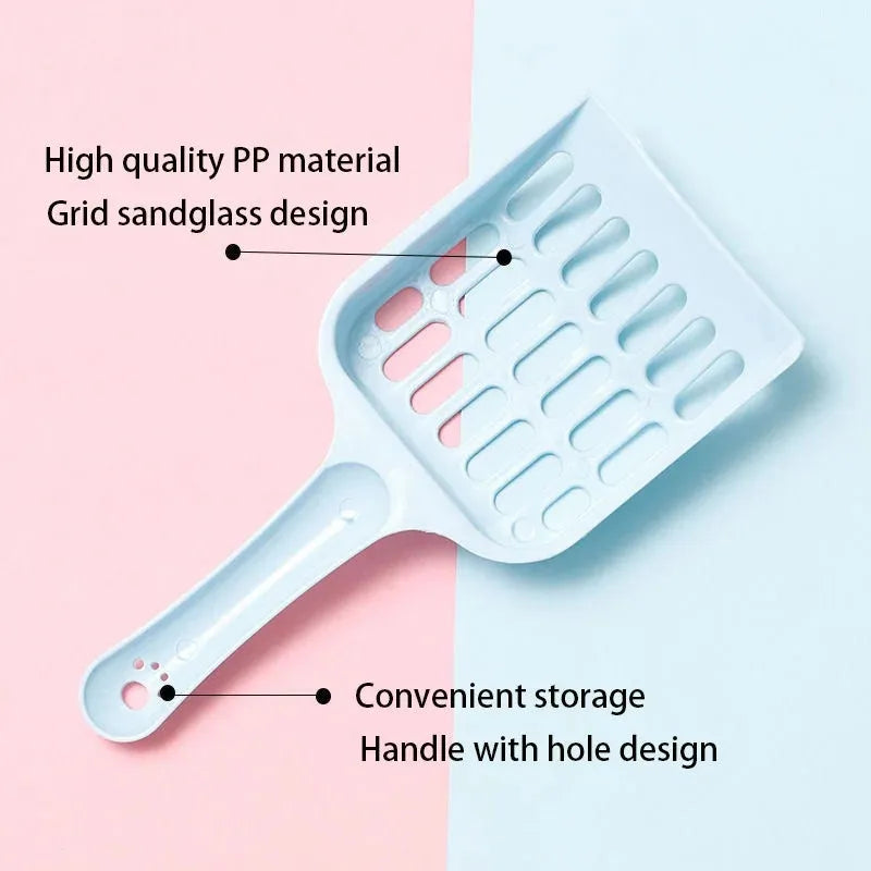 Plastic cat litter scoop in blue colour showing sand shovel design for litter tray cleaning