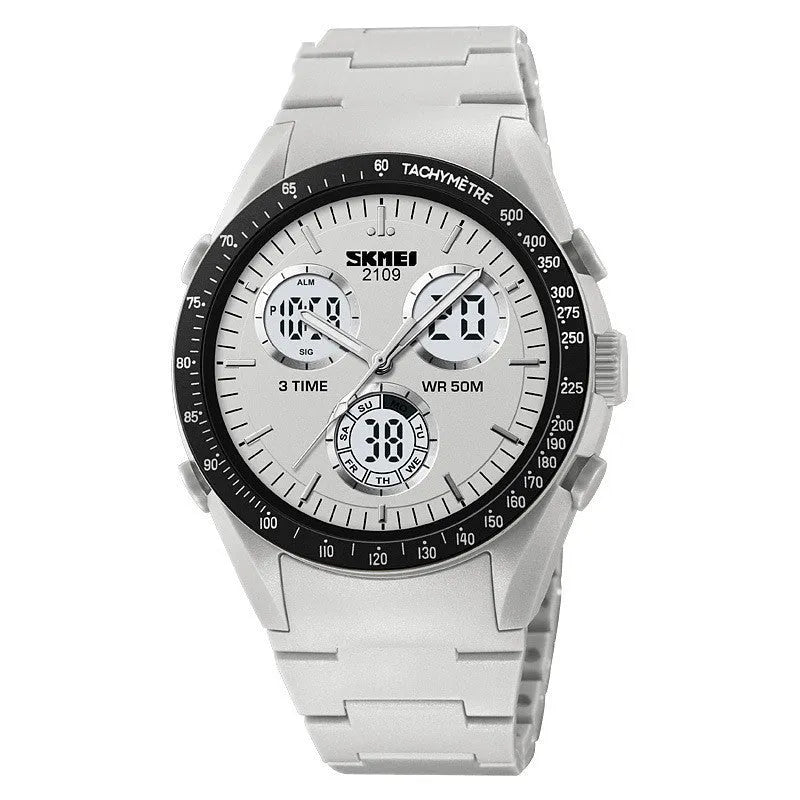 Men's and women's electronic casual watch with a black TPU strap and camouflage-pattern dial on a wrist.