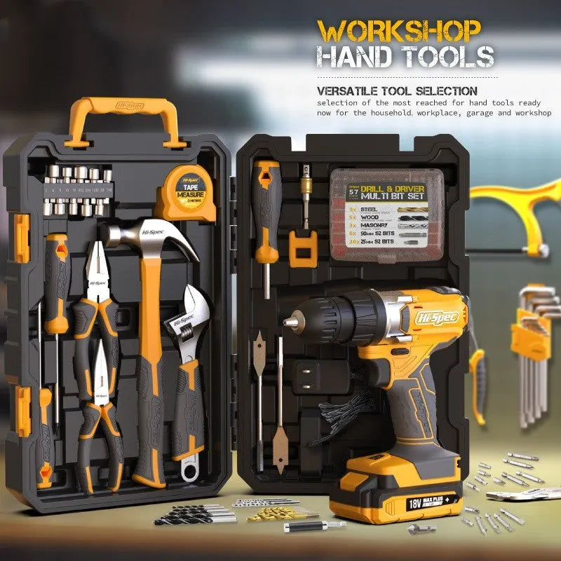 Grey yellow 82-piece chrome-vanadium steel tool set in a hard black case for furniture installation.