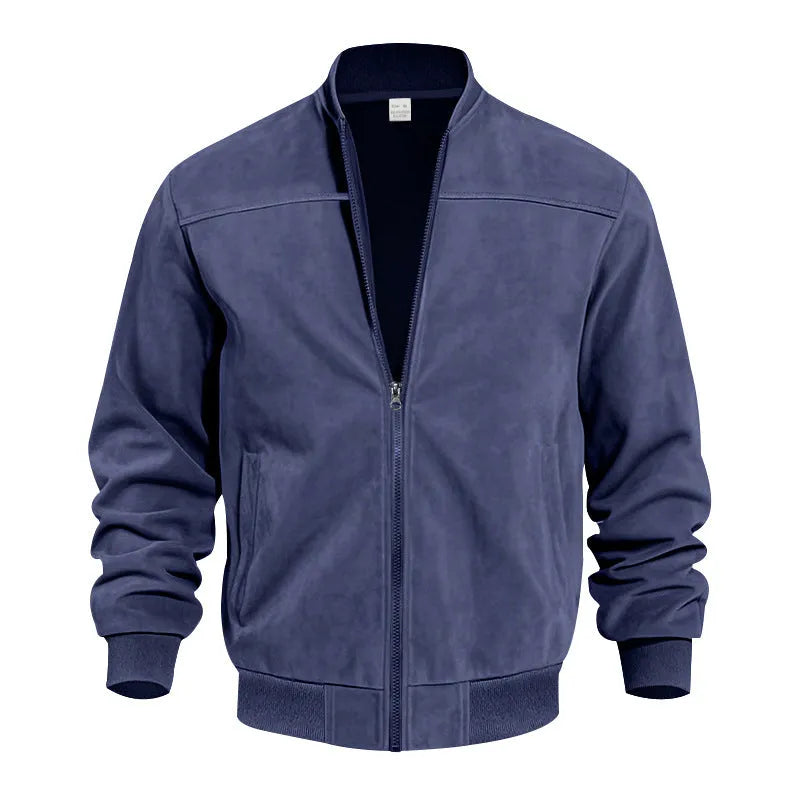Man wearing a khaki suede casual zipper jacket with a regular fit.