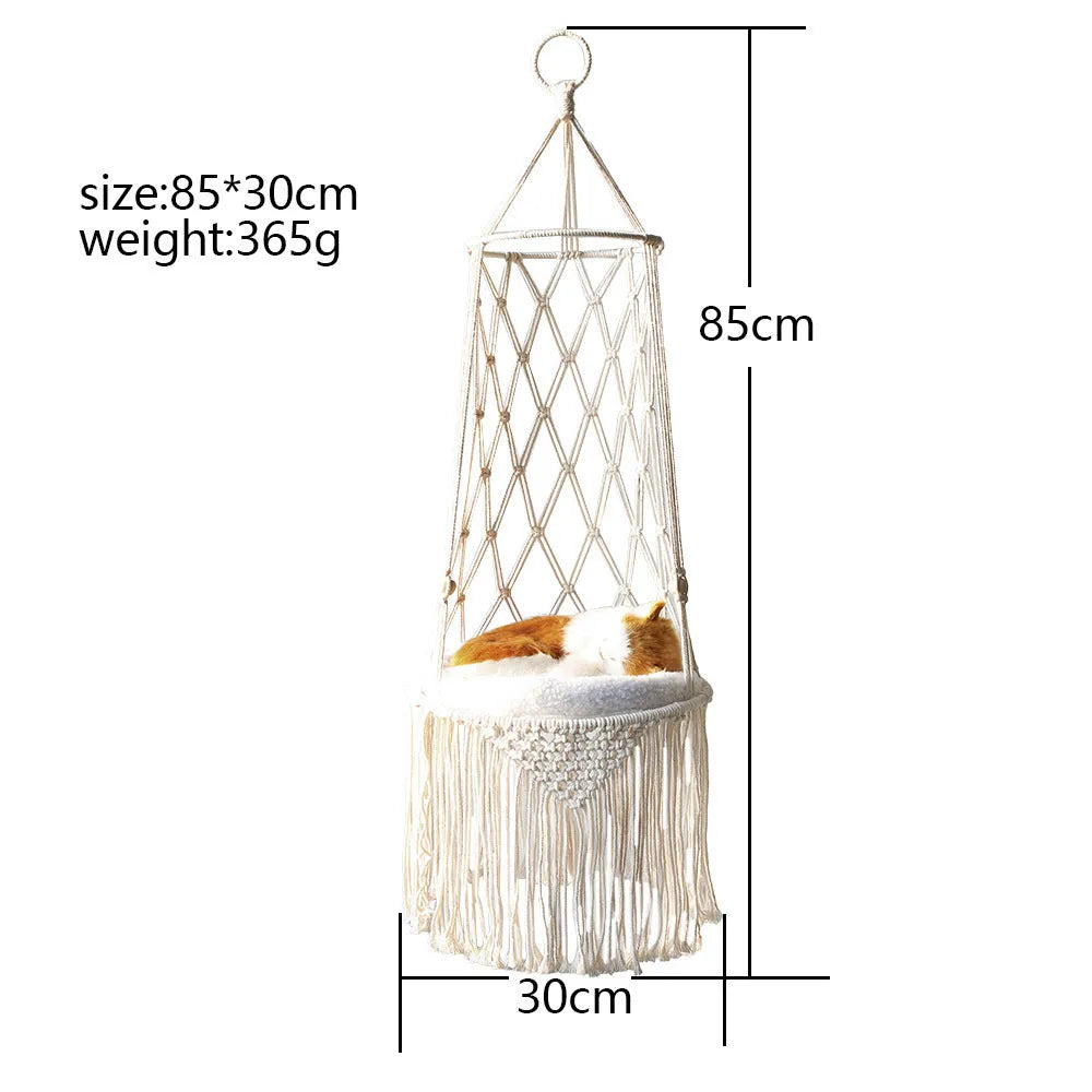 Macrame hanging pet bed handmade cotton rope cat hammock wall mounted natural colour