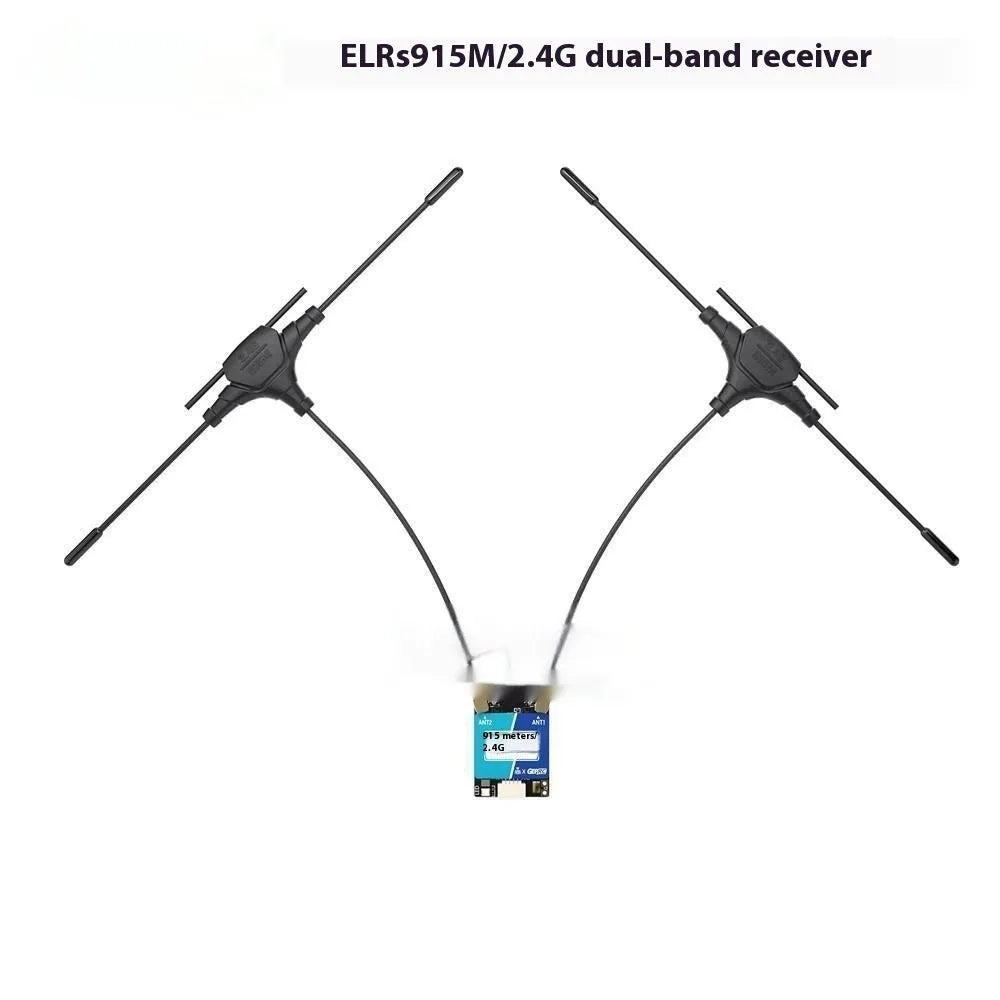 ELRS dual-frequency Gemini receiver with metal case and two T-shaped antennas.