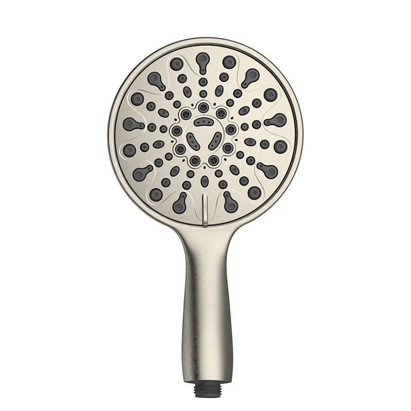 A six-inch silver electroplated handheld shower head with multiple spray function settings.