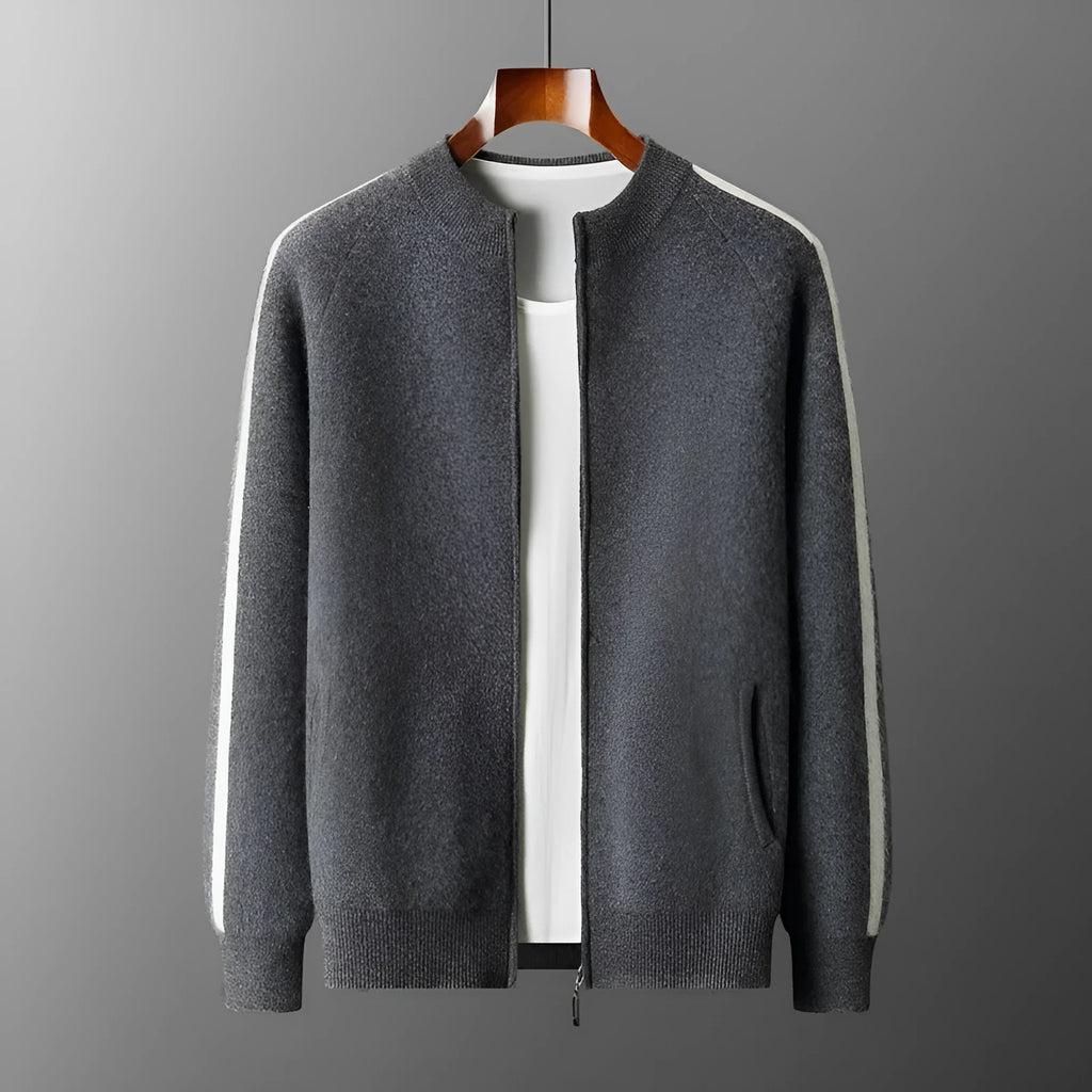 Thickened pure wool half turtleneck cardigan in light gray with button front and long sleeves