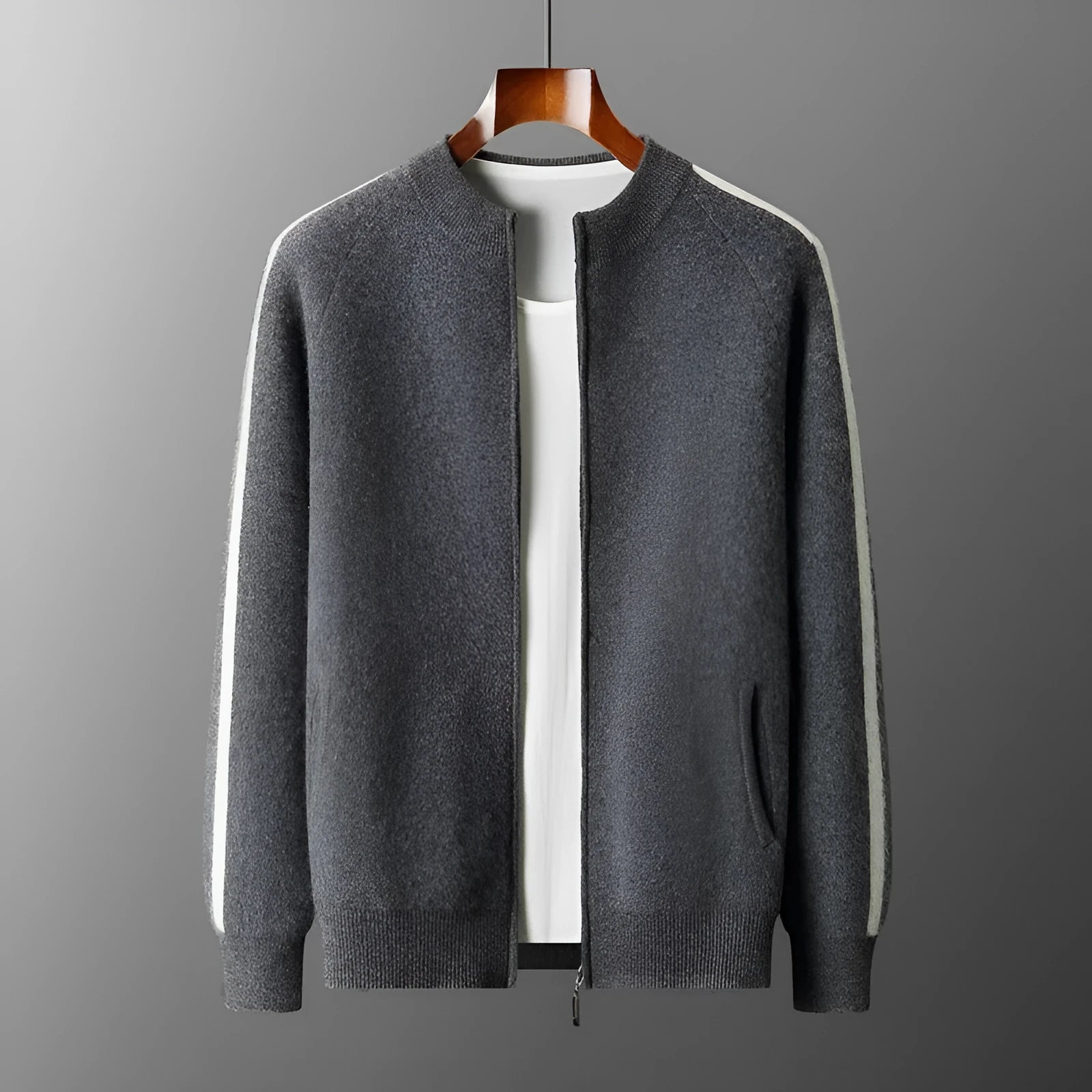 Thickened pure wool half turtleneck cardigan in light gray with button front and long sleeves