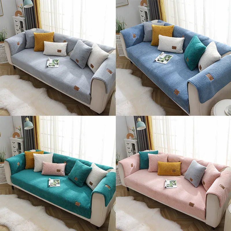 Beige plush lamb wool sofa cover with anti-slip backing laid flat on a modern grey sofa.