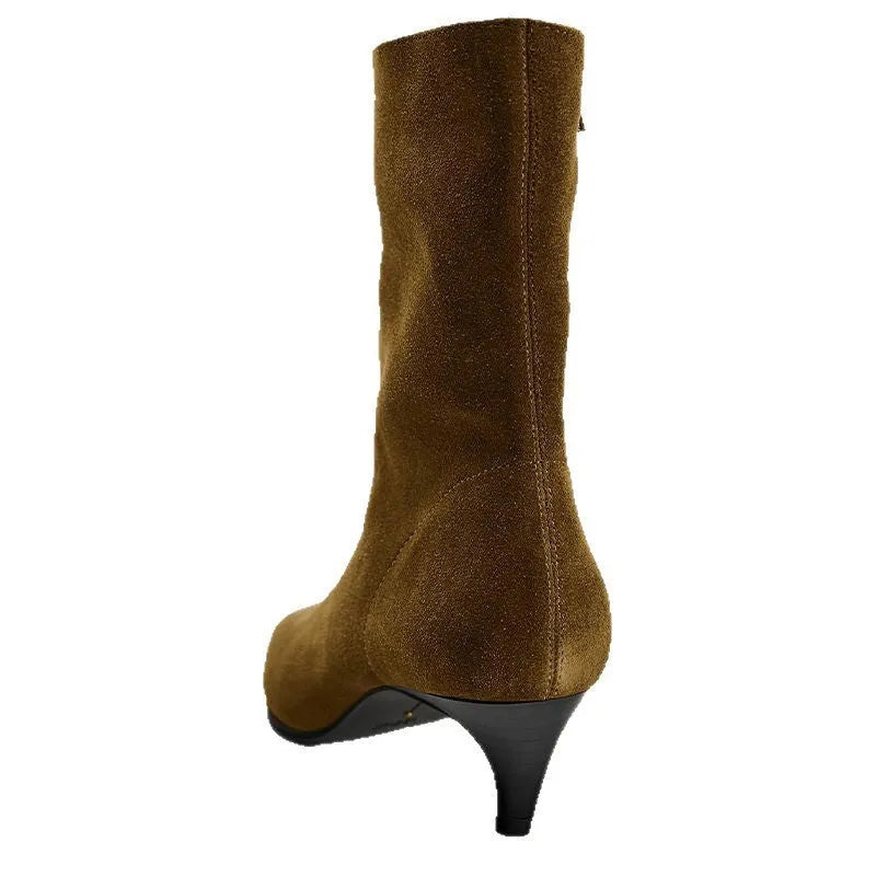 Brown women's square toe ankle boots with a side zipper and a kitten heel on a waterproof platform sole.