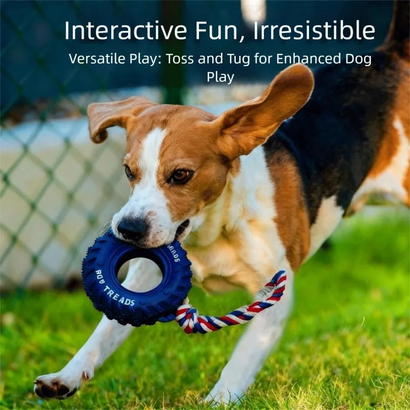 Dog chew toy with black rubber tyre and attached rope for interactive play