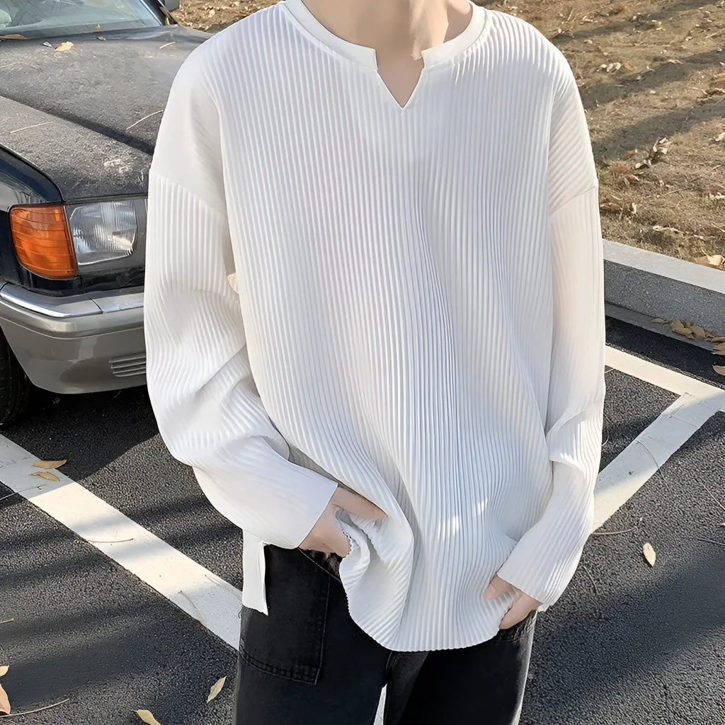 Plus size striped texture pullover jumper in black colour with long sleeves and loose fit design