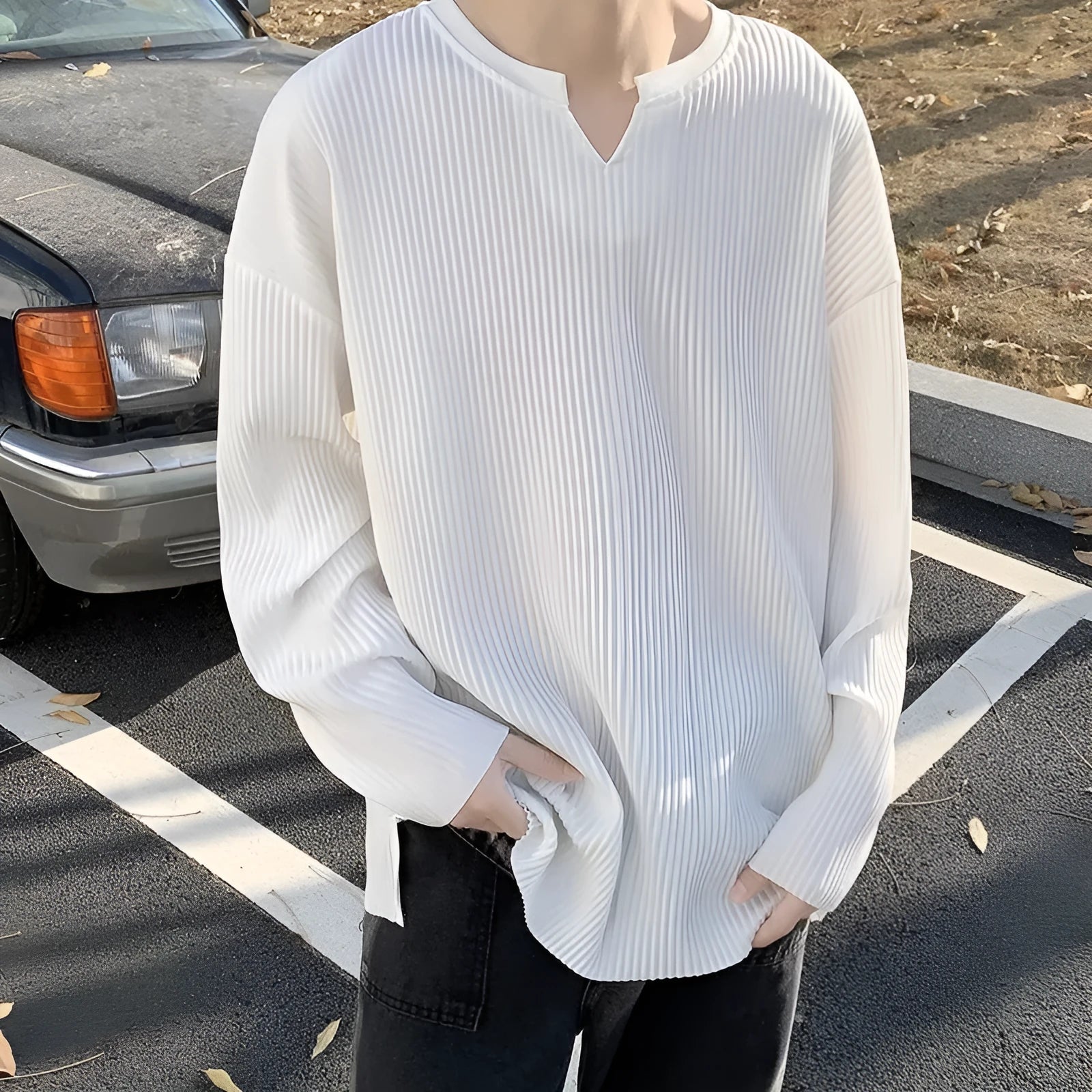Plus size striped texture pullover jumper in black colour with long sleeves and loose fit design